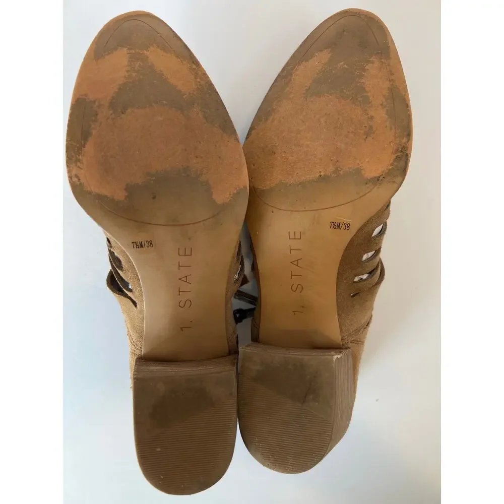 1.STATE Size 7.5 Arnet Tan Suede Strappy Laser Cutout Block Heel Booties